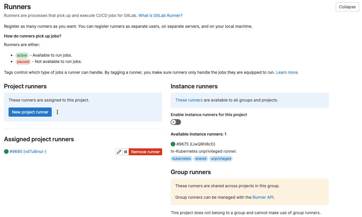 GitLab runner in the portal